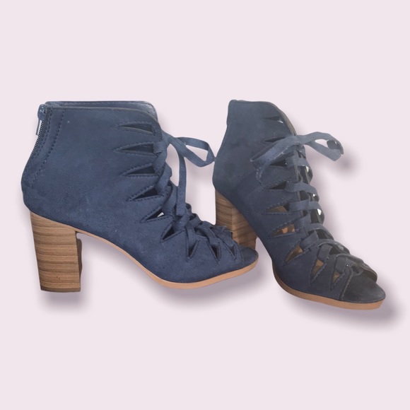 👠SALE 2/$12.00‼️ SODA Women’s Corset Lace up Open Toe Block Heel in Navy Size 7 - Picture 6 of 6